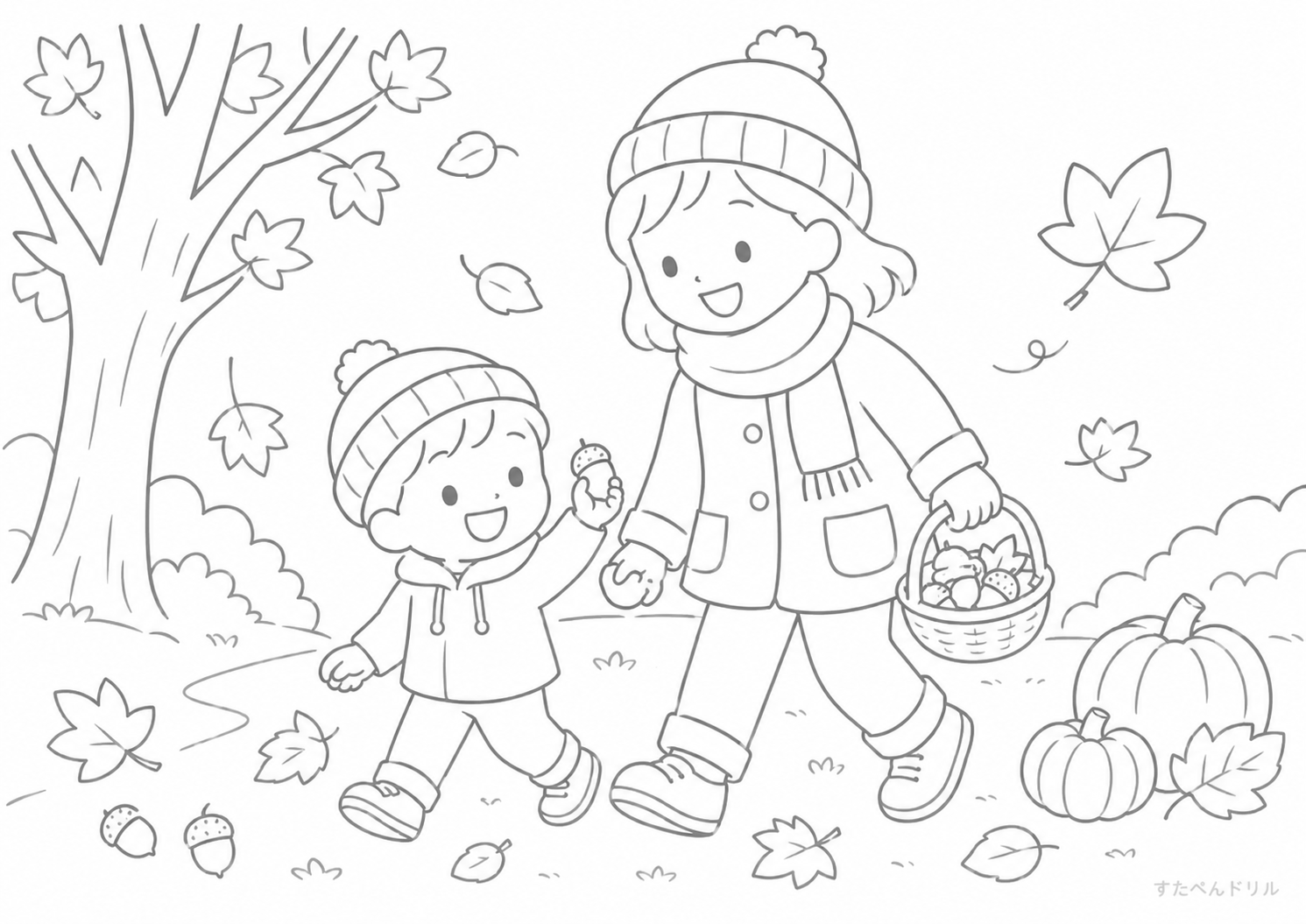 秋のお散歩 10月のぬりえ 塗り絵無料プリント PDFダウンロード
