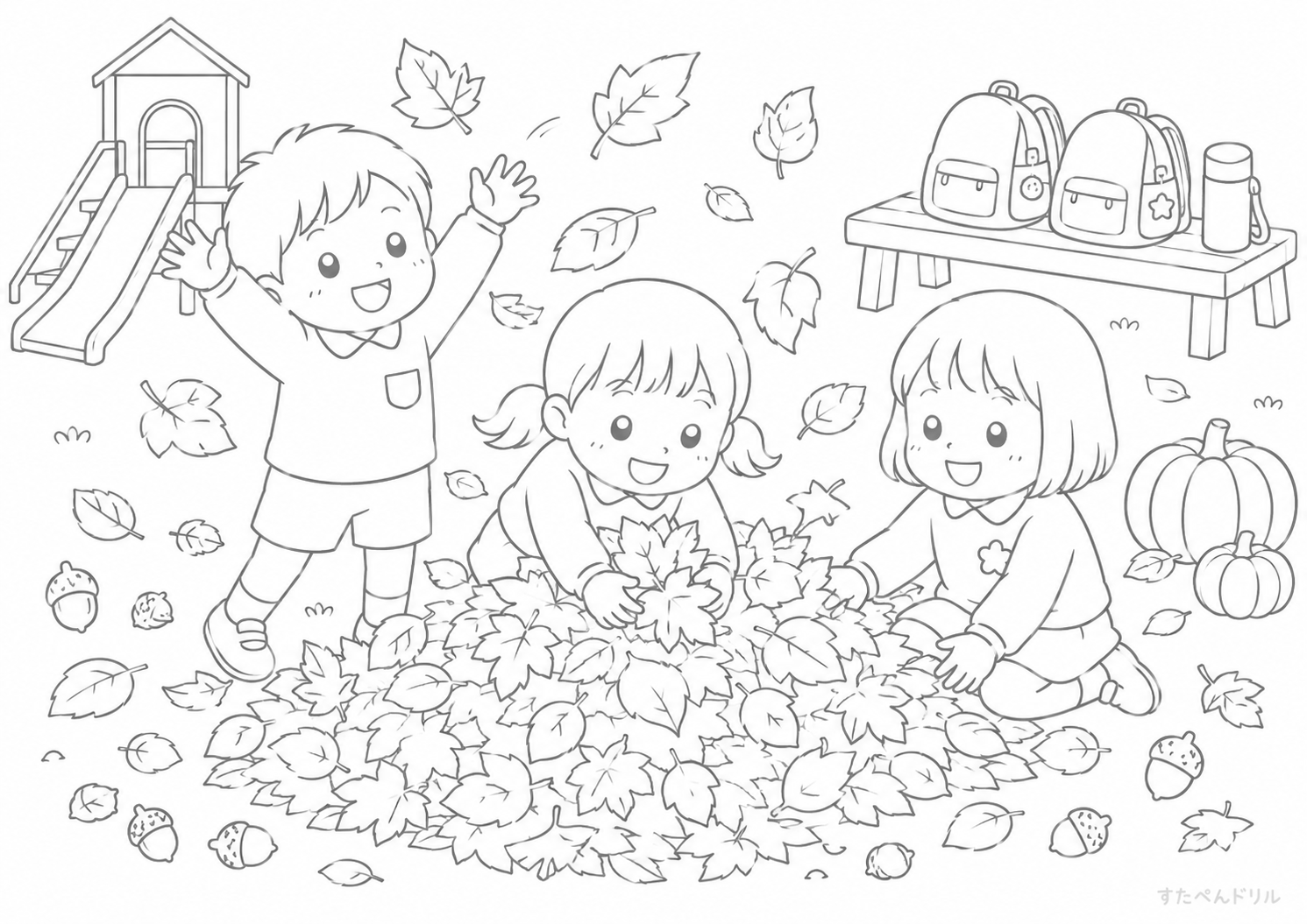 落ち葉あそび 10月のぬりえ 塗り絵無料プリント PDFダウンロード