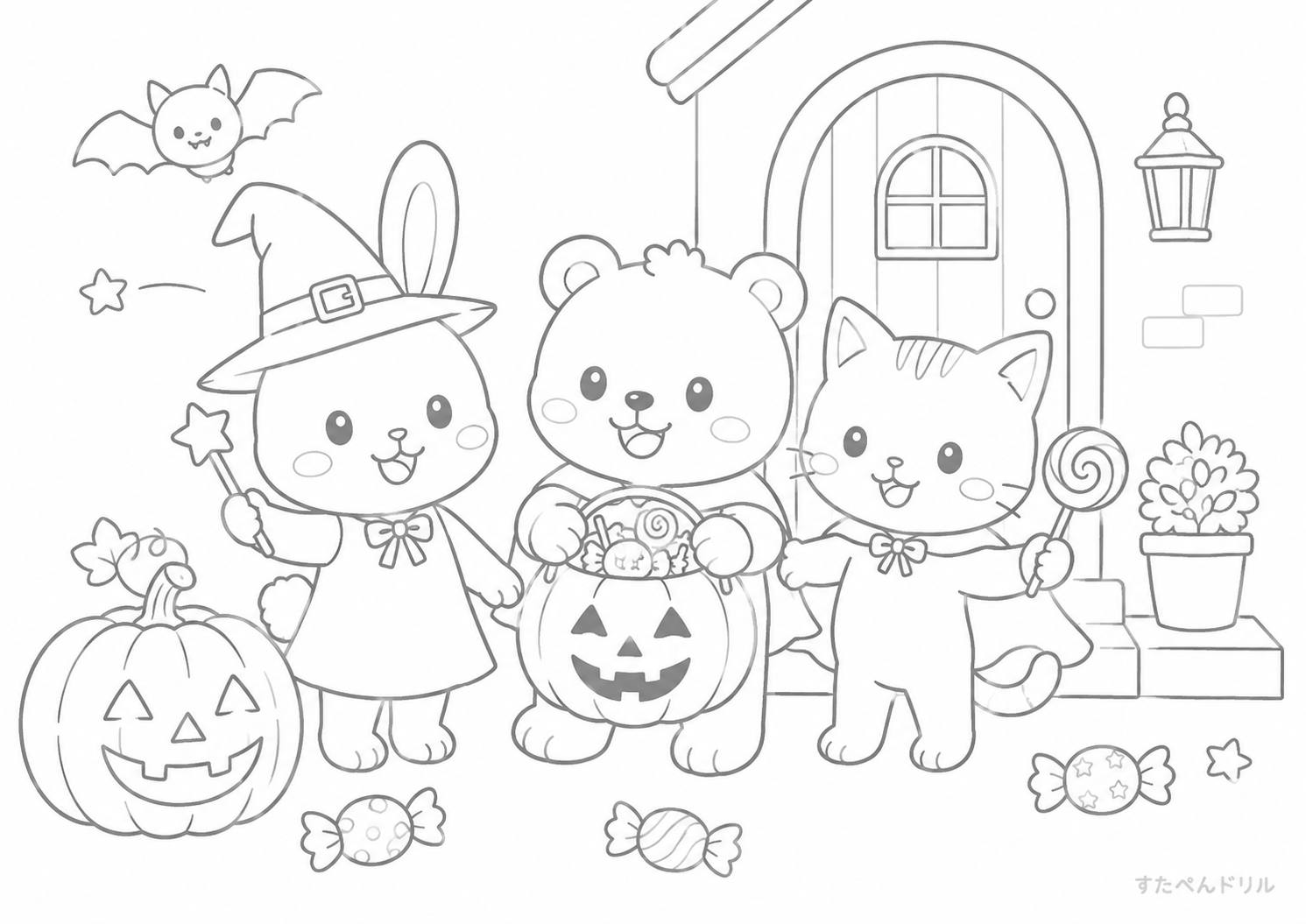 ハロウィンの動物たち 10月のぬりえ 塗り絵無料プリント PDFダウンロード