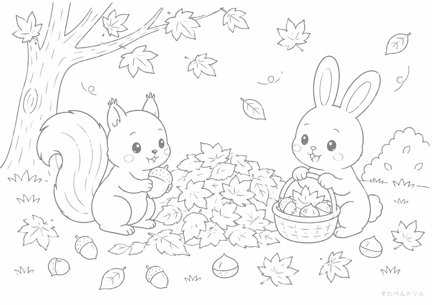 森のりすとうさぎ 10月のぬりえ 塗り絵無料プリント PDFダウンロード