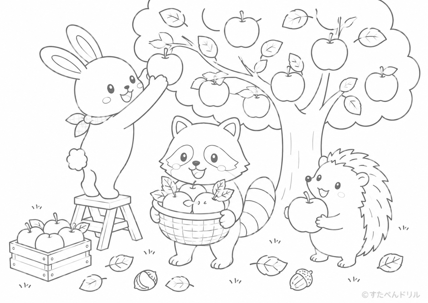 りんご狩りの動物たち 10月のぬりえ 塗り絵無料プリント PDFダウンロード
