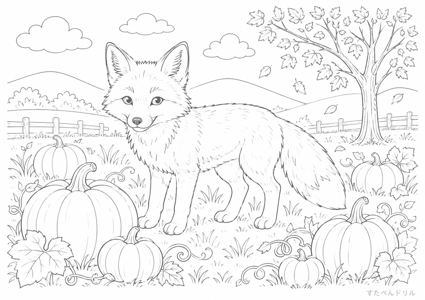 秋のきつね リアル系 10月のぬりえ 塗り絵無料プリント PDFダウンロード