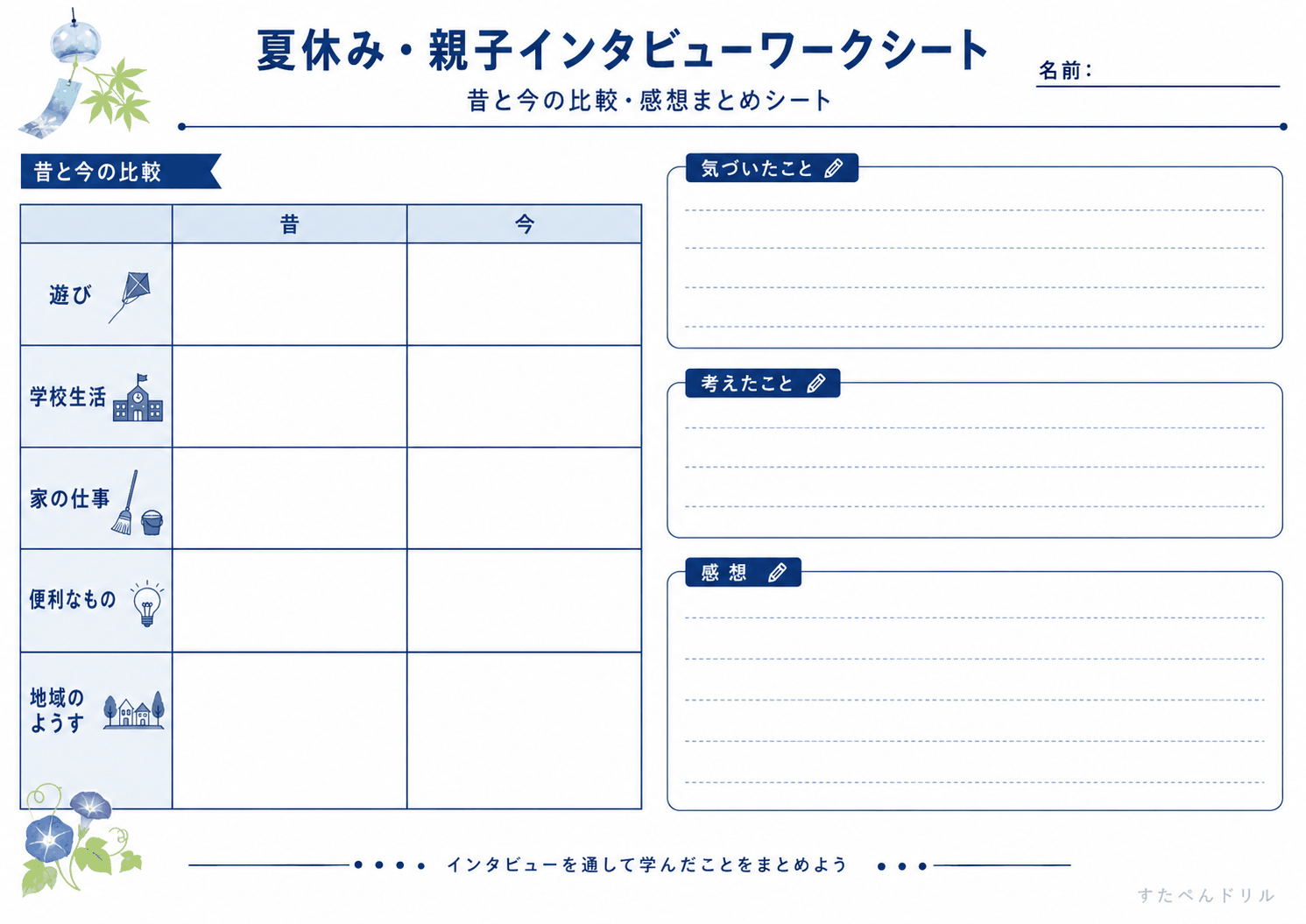 昔と今の比較・感想まとめシート（高学年向け）（A4無料PDFプリント）