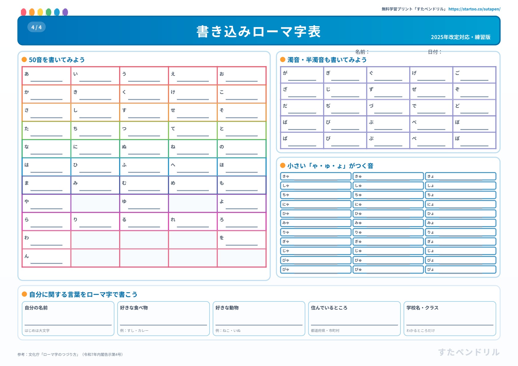 書き込みローマ字表 2025年改定対応 無料プリント