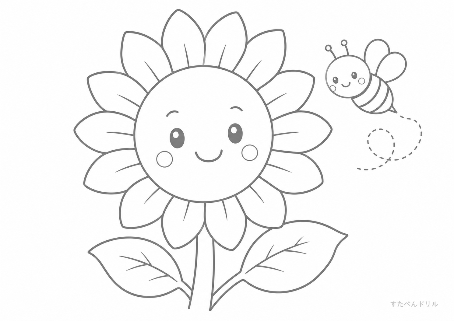 ひまわりとミツバチ 夏のぬりえ・塗り絵プリント A4 PDF無料ダウンロード