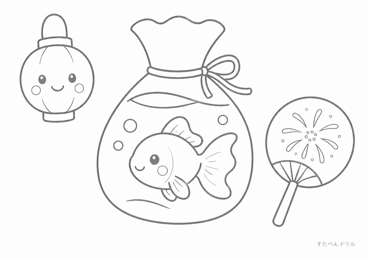 夏祭りの金魚とうちわ 夏のぬりえ・塗り絵プリント A4 PDF無料ダウンロード