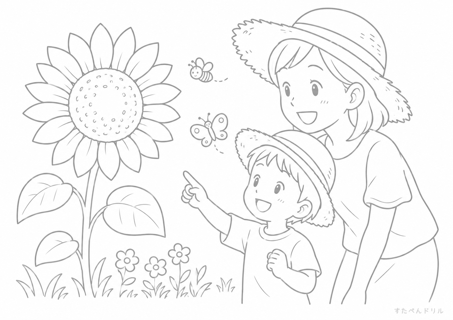 親子で見るひまわり 夏のぬりえ・塗り絵プリント A4 PDF無料ダウンロード