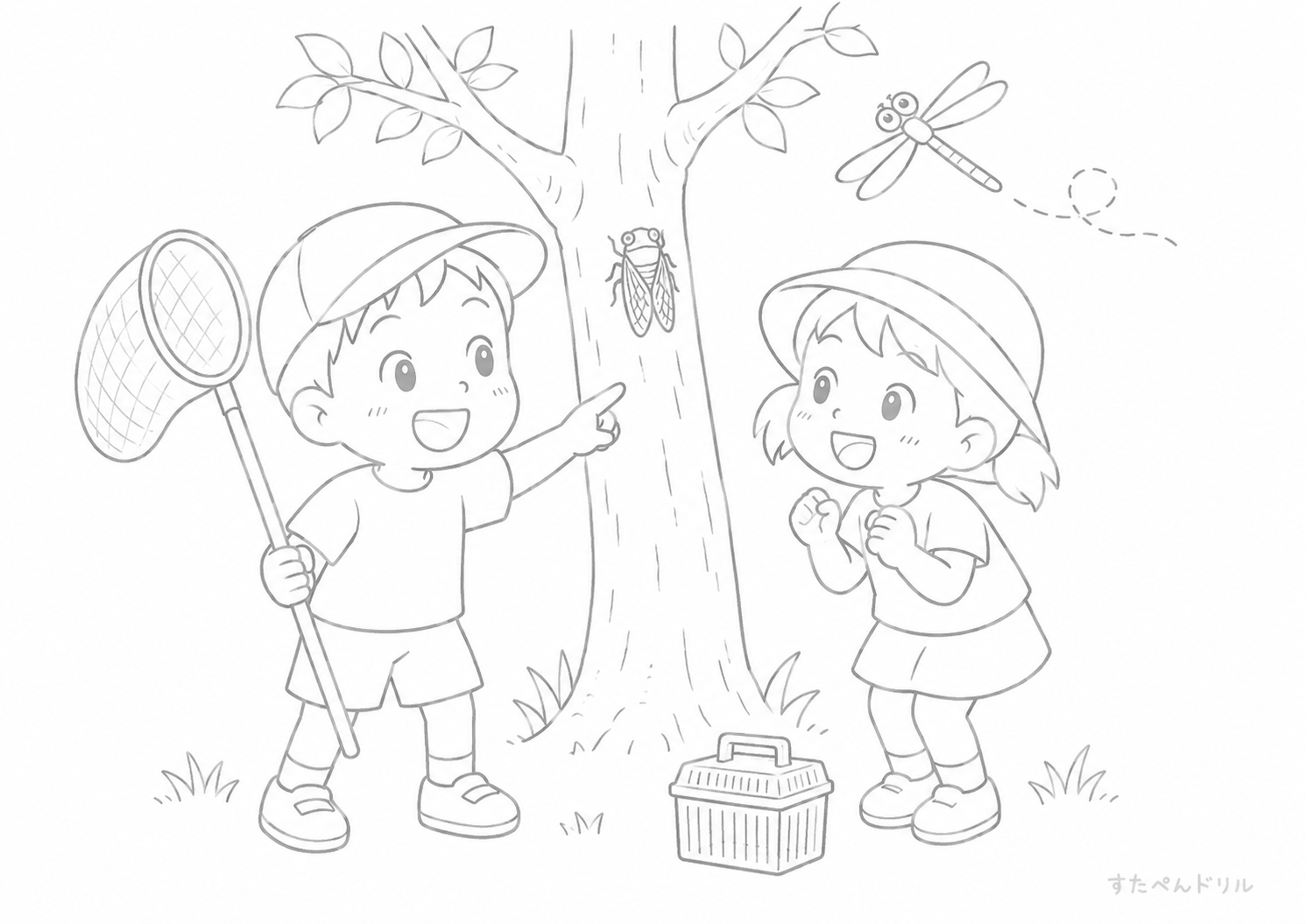 虫取りをする子どもたち 夏のぬりえ・塗り絵プリント A4 PDF無料ダウンロード