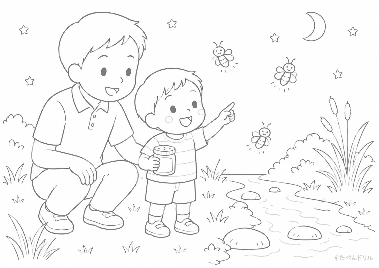 夜のホタル観察 夏のぬりえ・塗り絵プリント A4 PDF無料ダウンロード