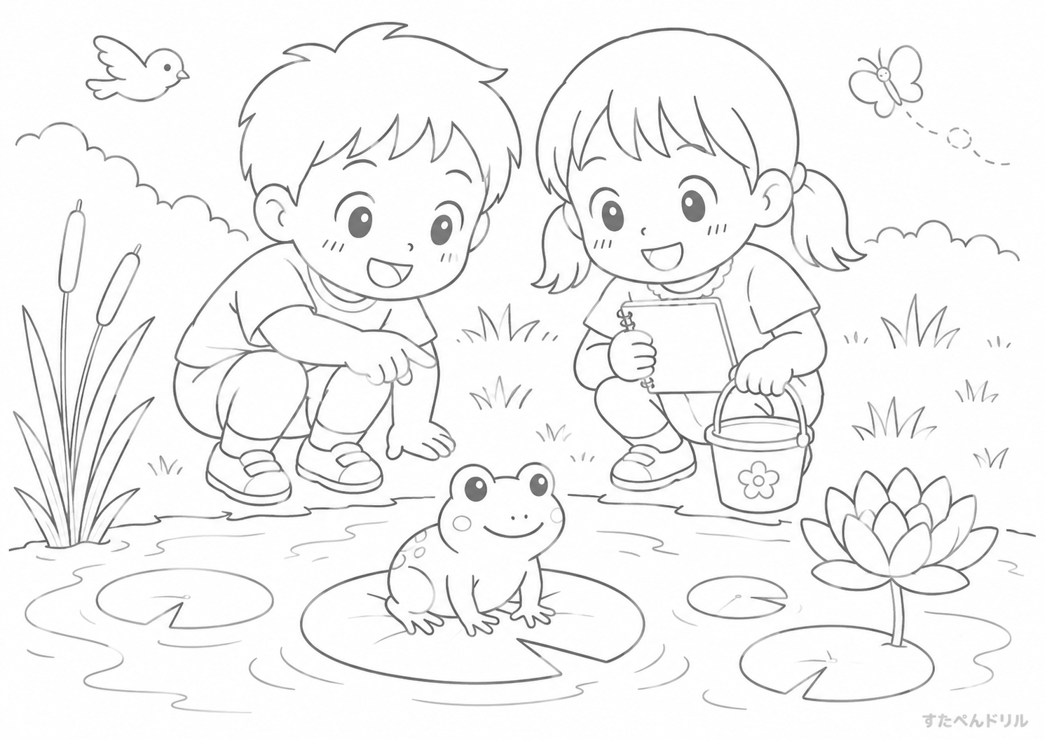 池のカエルと水辺の生き物 夏のぬりえ・塗り絵プリント A4 PDF無料ダウンロード
