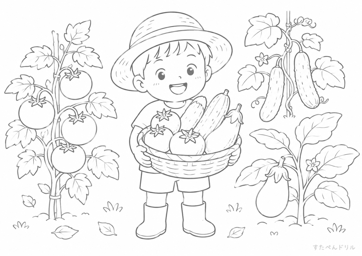 夏野菜の収穫 夏のぬりえ・塗り絵プリント A4 PDF無料ダウンロード
