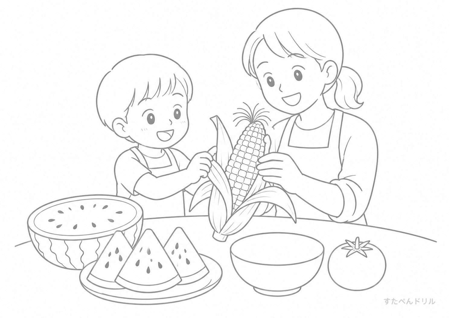 とうもろこしとすいか 夏のぬりえ・塗り絵プリント A4 PDF無料ダウンロード