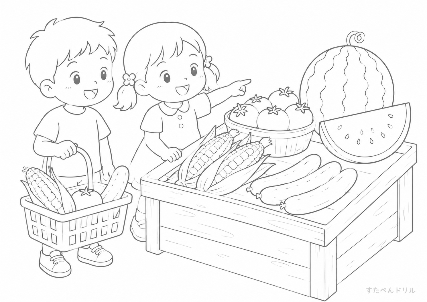 夏野菜の売り場 夏のぬりえ・塗り絵プリント A4 PDF無料ダウンロード