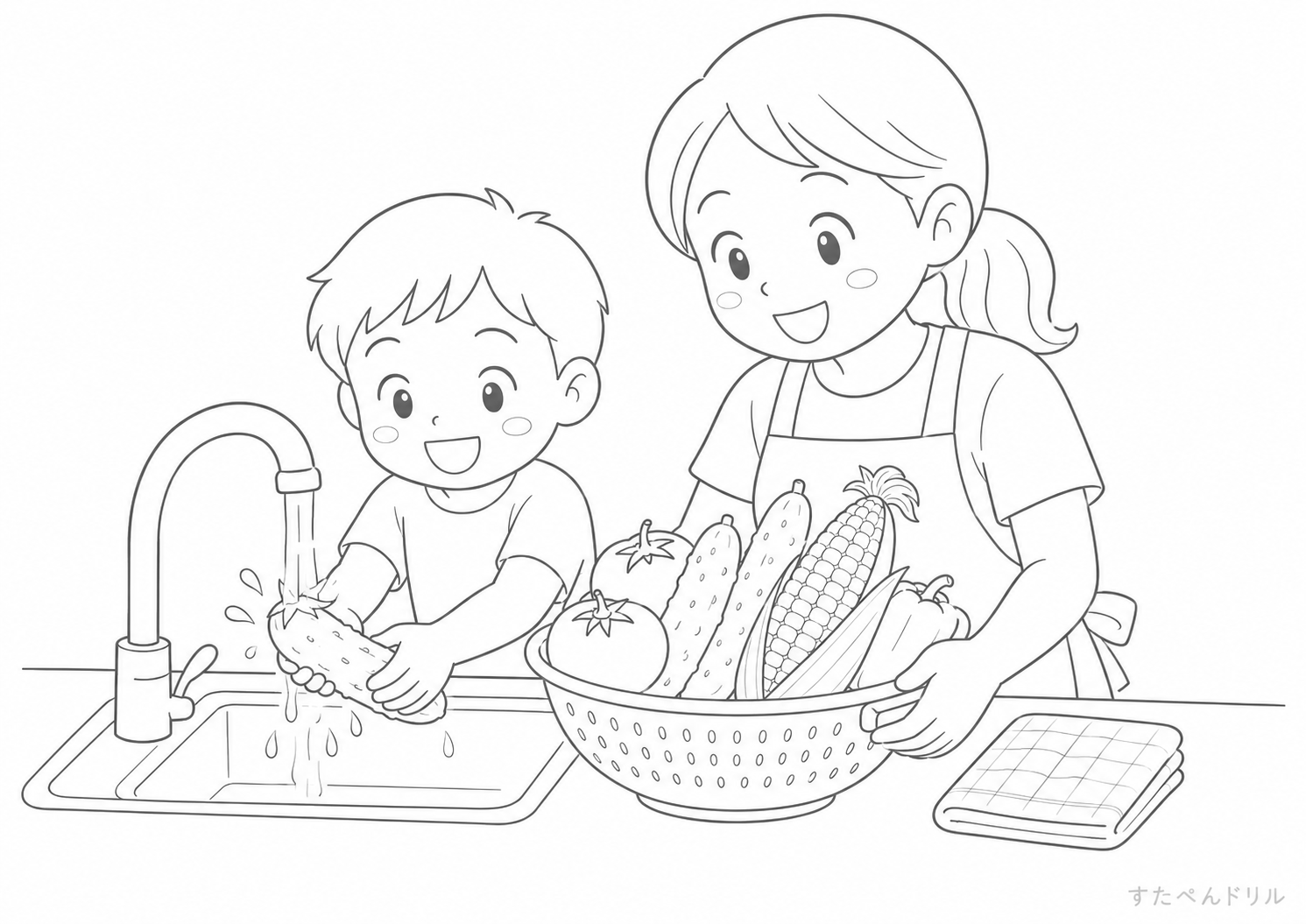 とうもろこしを洗うお手伝い 夏のぬりえ・塗り絵プリント A4 PDF無料ダウンロード