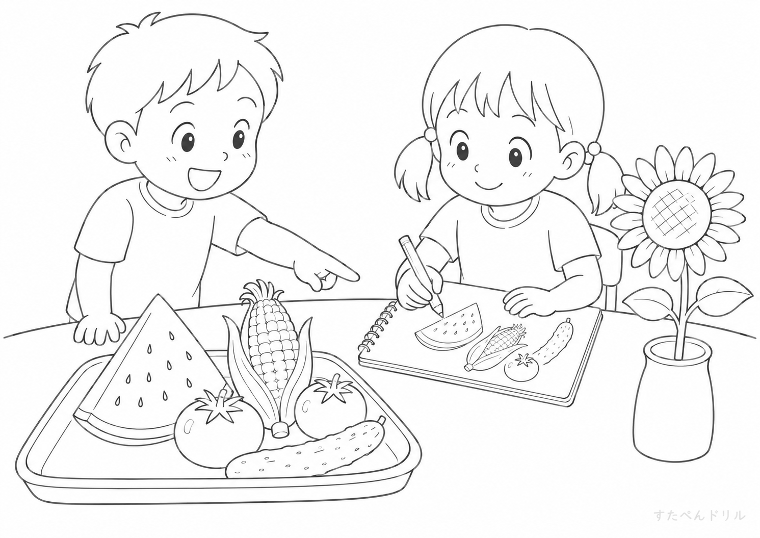 夏の食卓とお絵描き 夏のぬりえ・塗り絵プリント A4 PDF無料ダウンロード