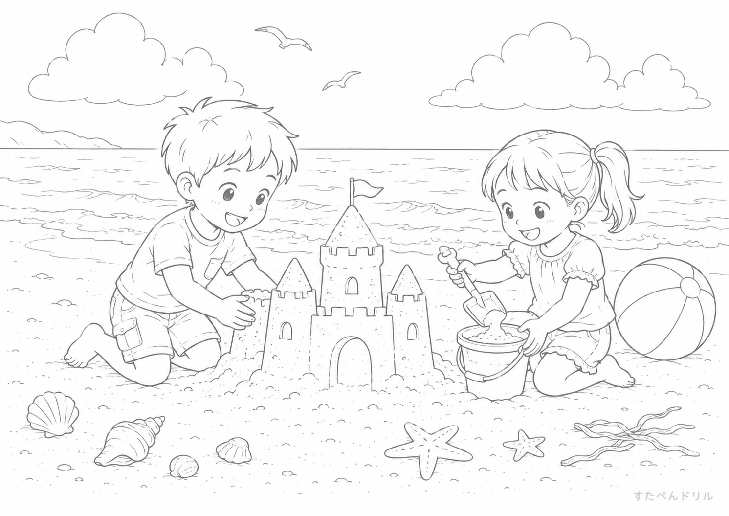 砂浜で砂のお城づくり 夏のぬりえ・塗り絵プリント A4 PDF無料ダウンロード