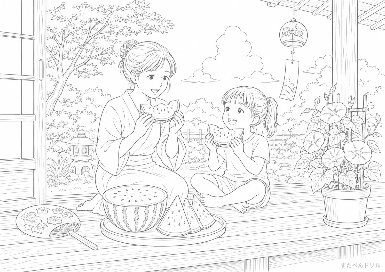 縁側でスイカを食べる夏 夏のぬりえ・塗り絵プリント A4 PDF無料ダウンロード