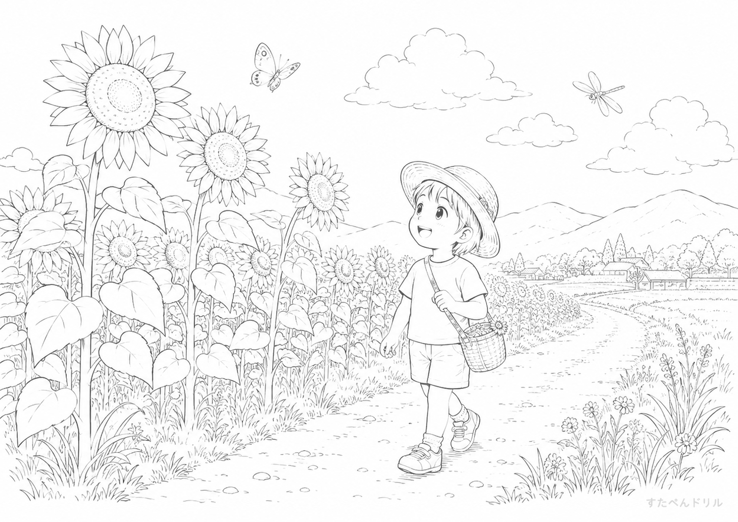 ひまわり畑と夏空 夏のぬりえ・塗り絵プリント A4 PDF無料ダウンロード