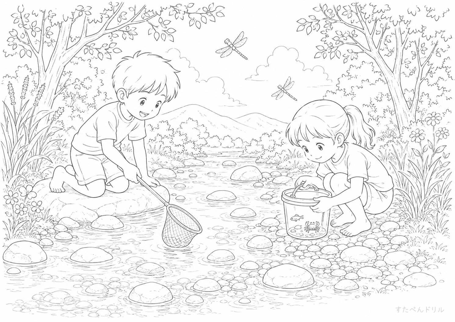 小川で水辺遊び 夏のぬりえ・塗り絵プリント A4 PDF無料ダウンロード