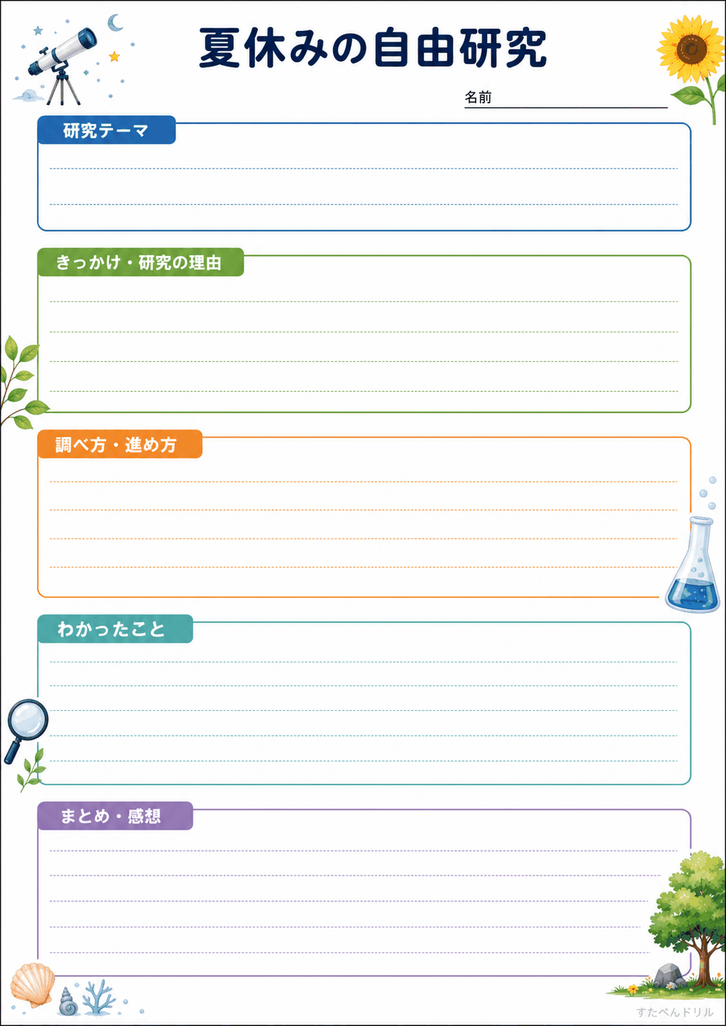自由研究の模造紙レイアウト（縦型・調べ学習向け）（A4無料PDFプリント）