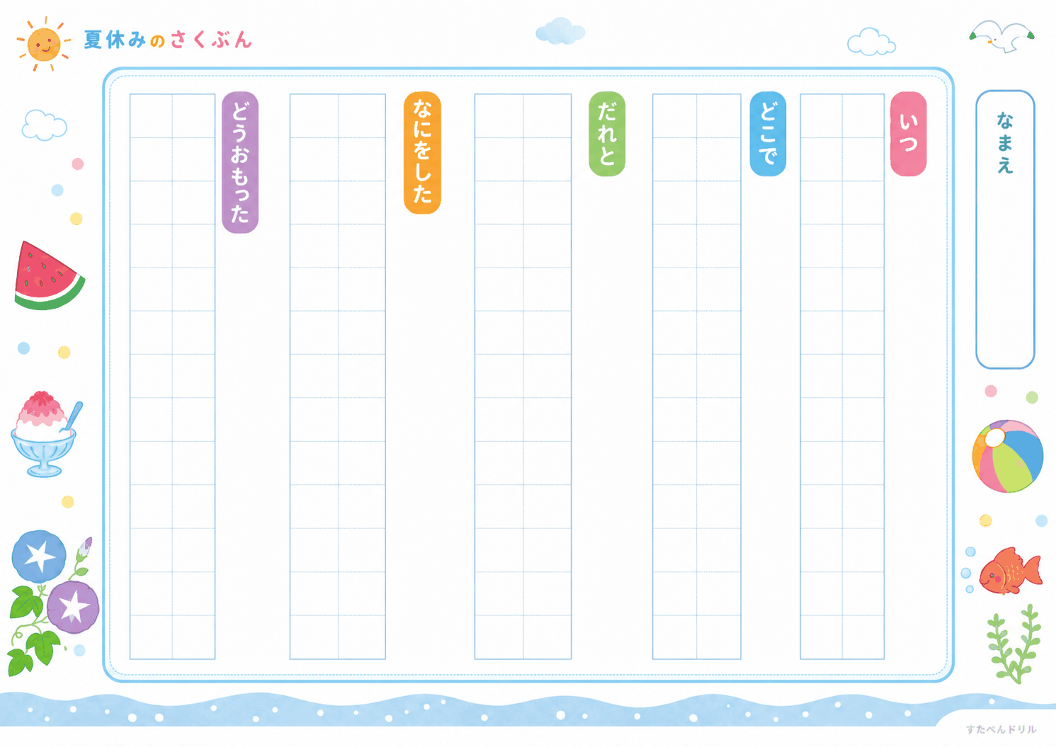 夏休みのさくぶん 穴うめワークシート いつ・どこで・だれと・なにをした・どうおもった
