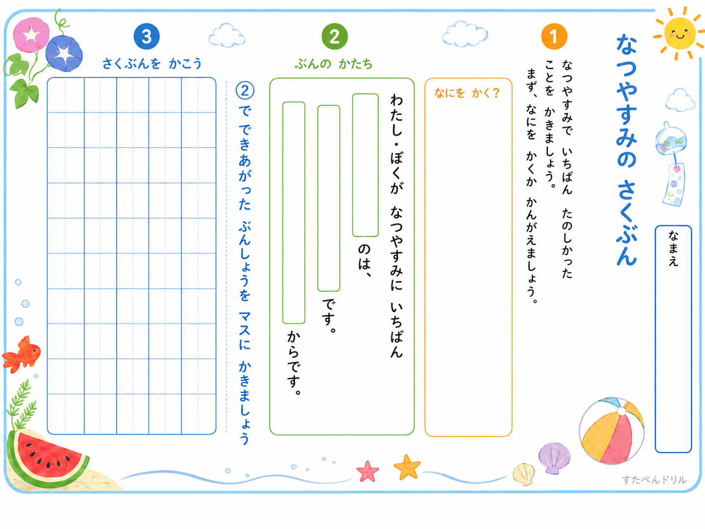 なつやすみのさくぶん 低学年向け3ステップワークシート