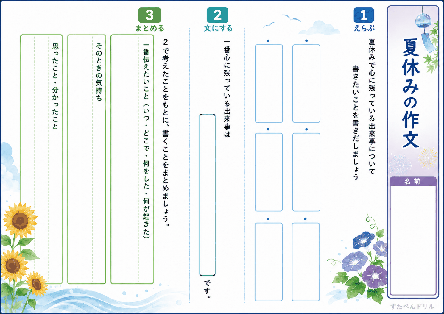 夏休みの作文 構成メモワークシート 高学年向け えらぶ・文にする・まとめる