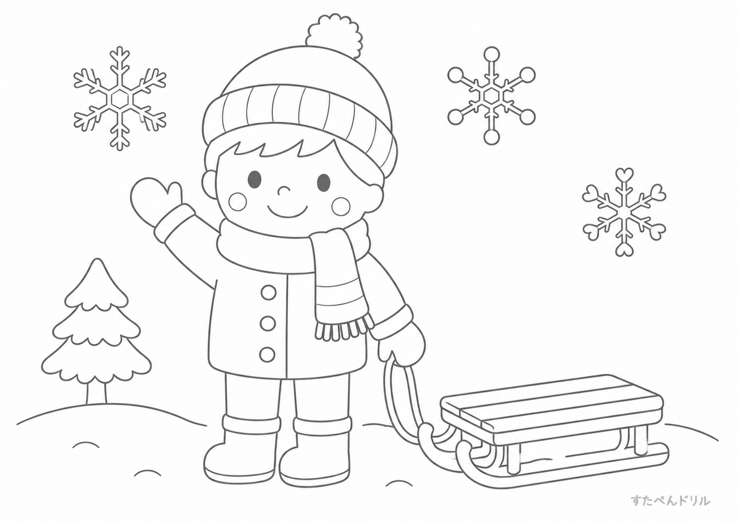 そりを持つ子どものぬりえ無料プリント