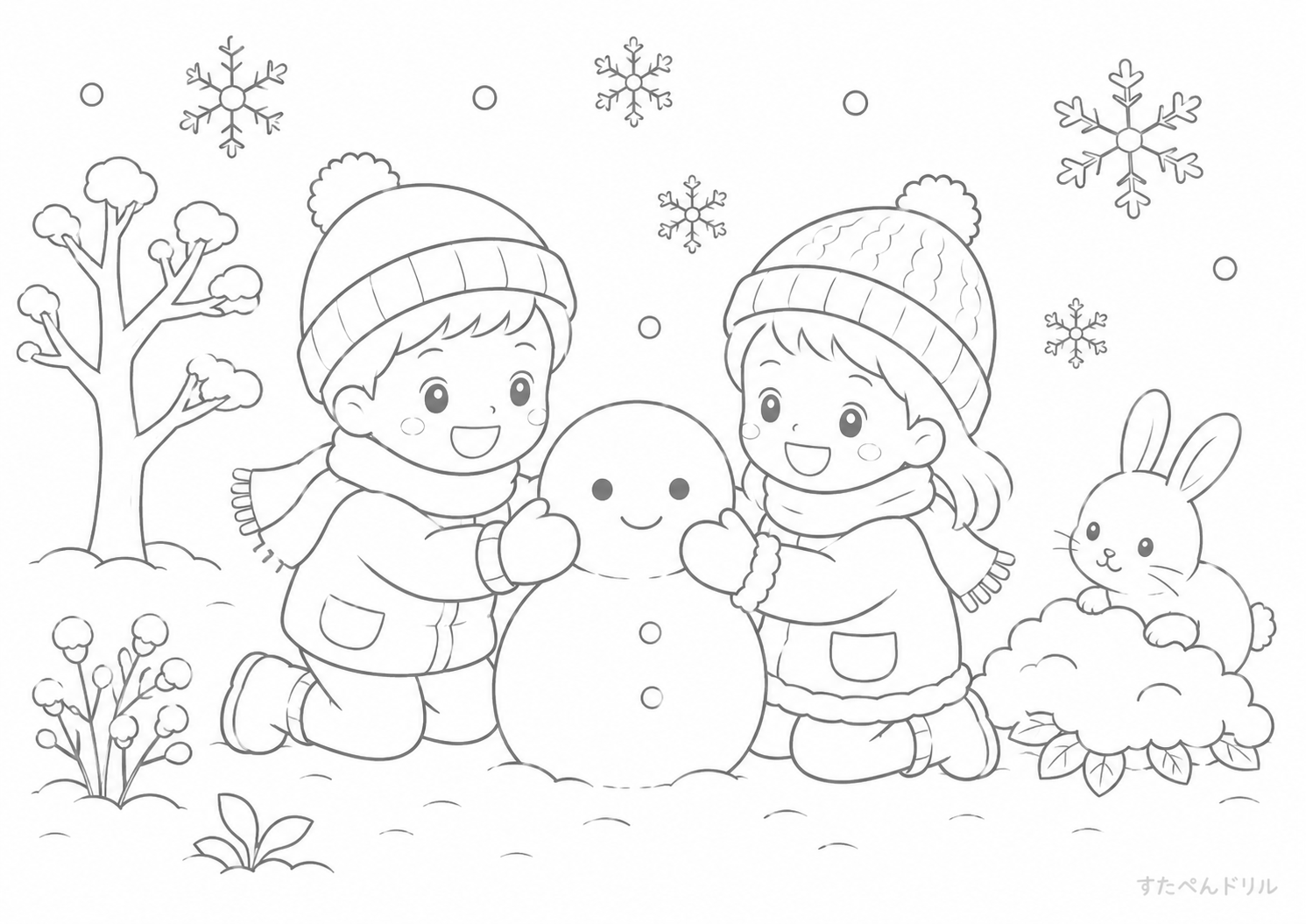雪だるまづくりのぬりえ無料プリント