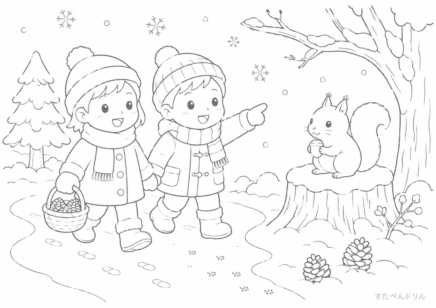 りすと冬の森のぬりえ無料プリント