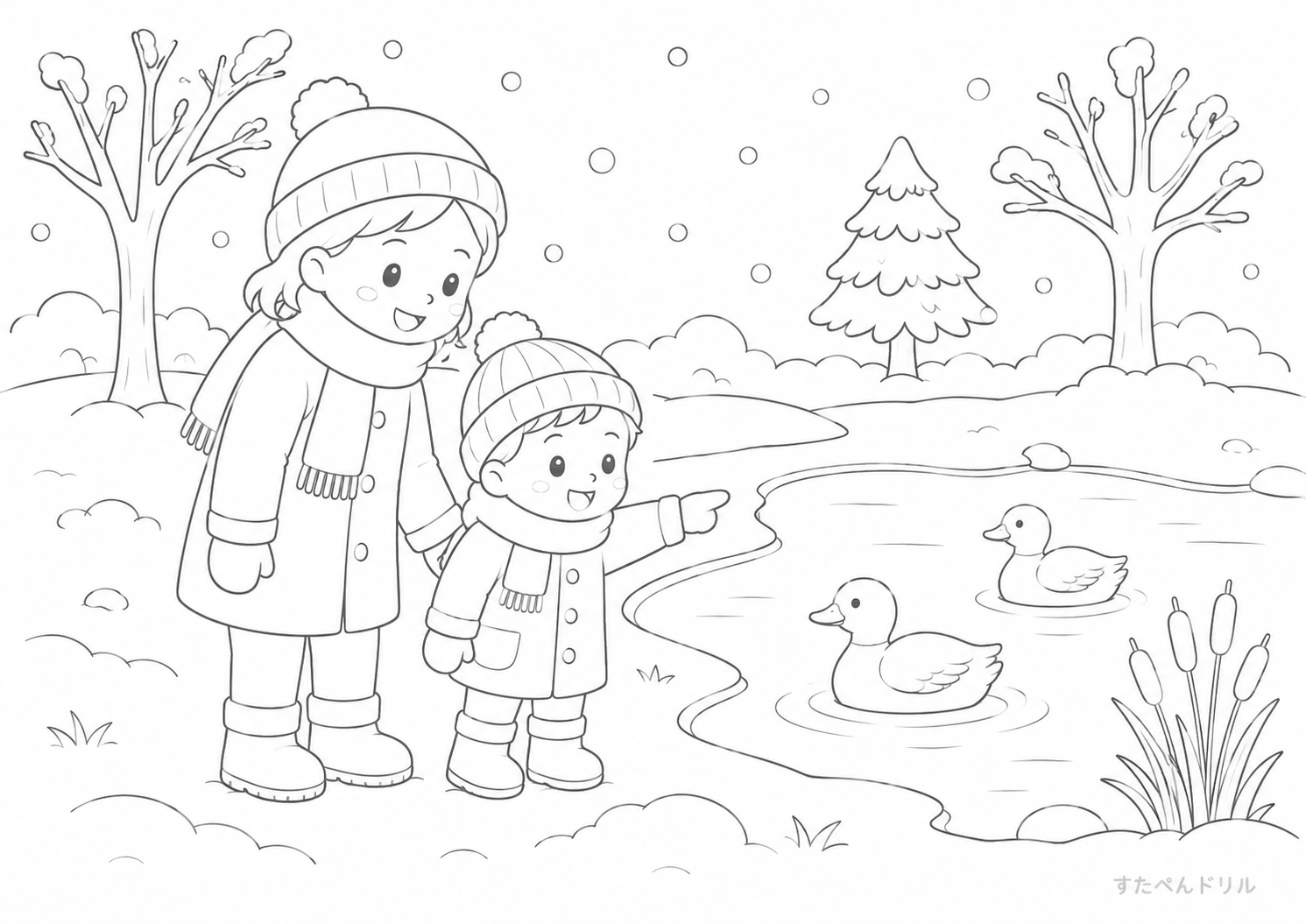 冬の池と水鳥のぬりえ無料プリント