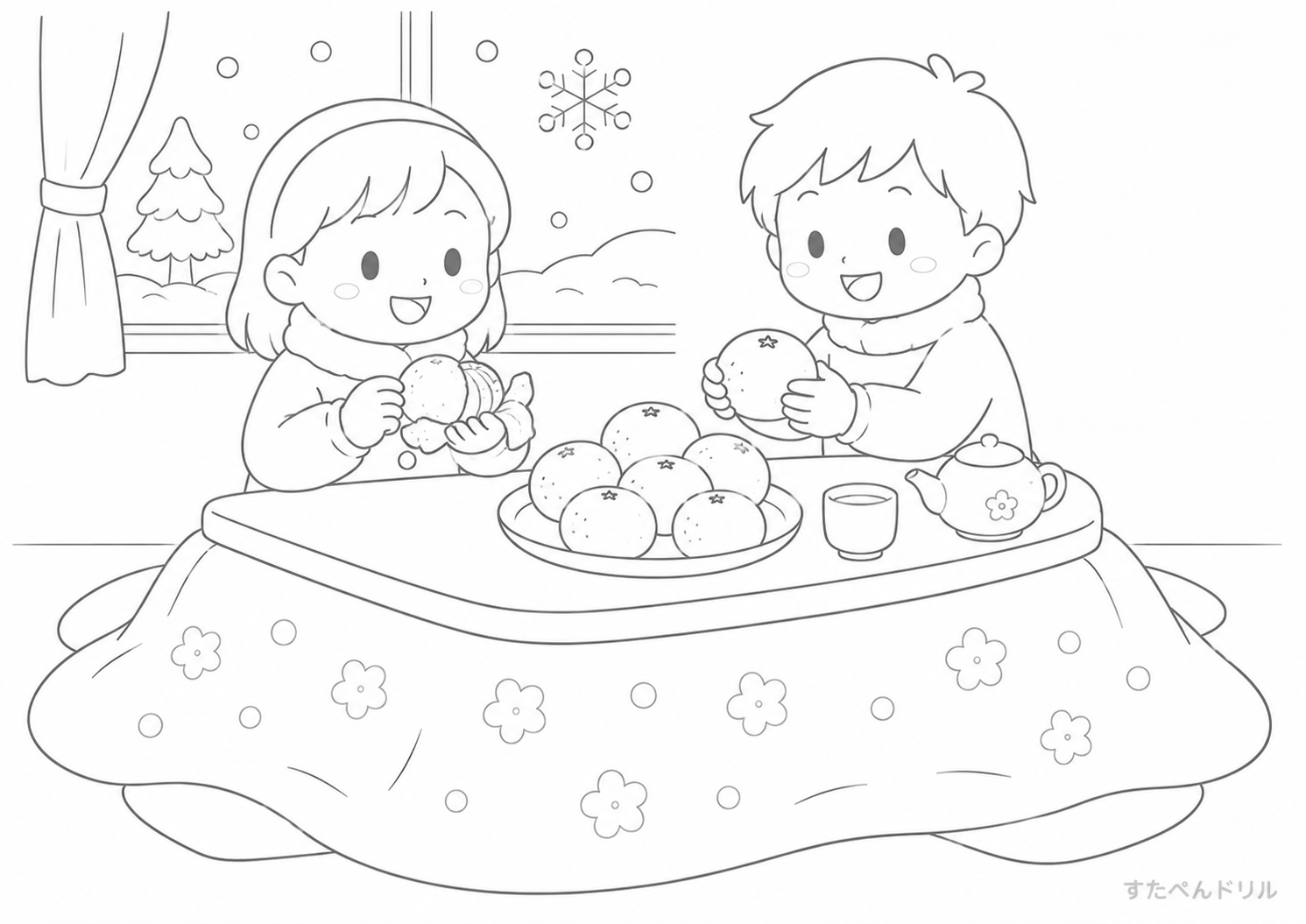 こたつとみかんのぬりえ無料プリント