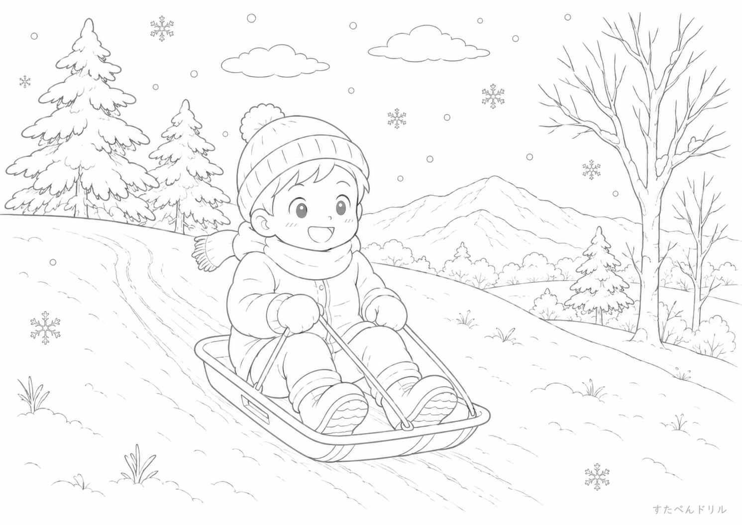 そり遊びのぬりえ無料プリント