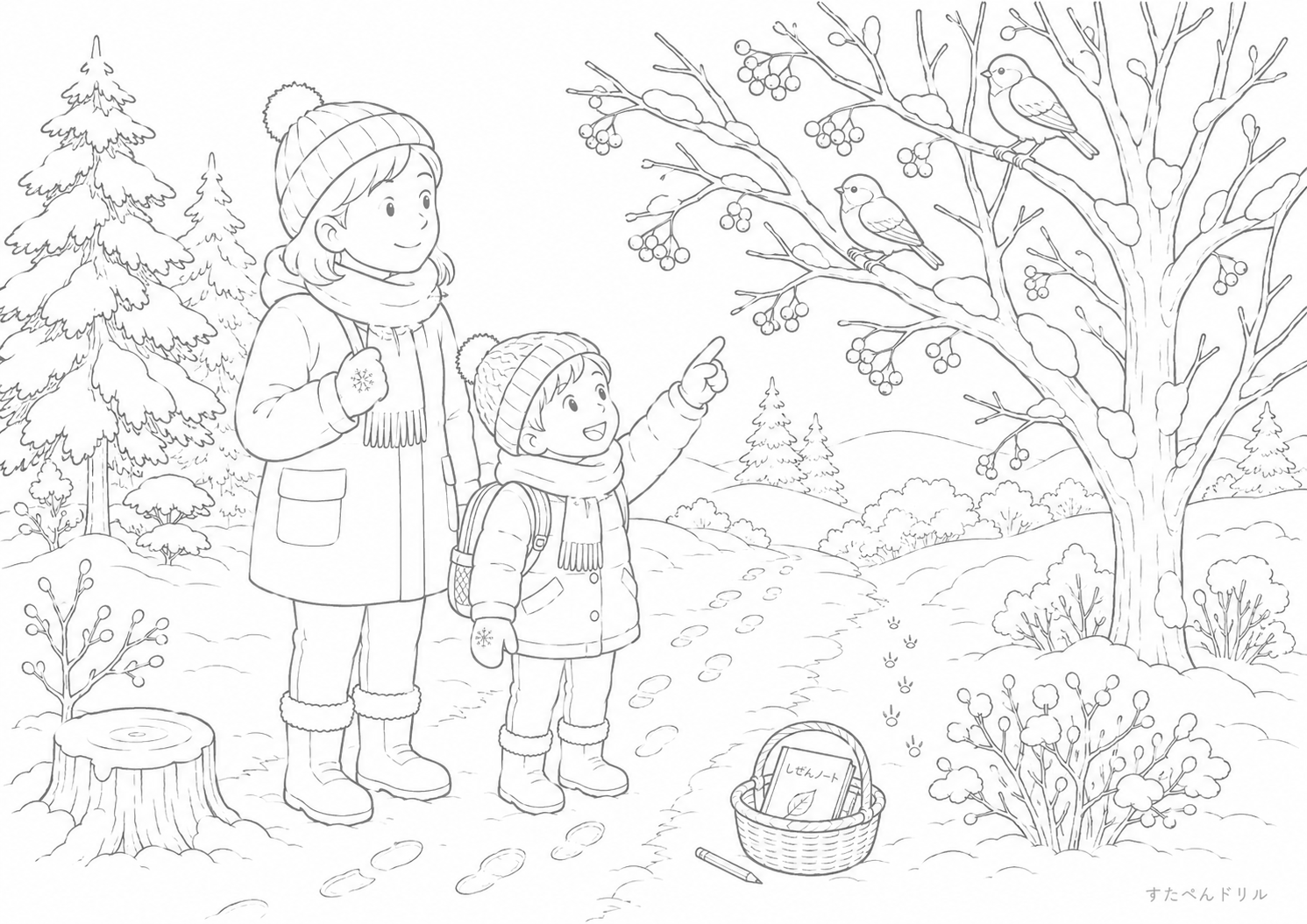 冬の木々と親子のぬりえ無料プリント