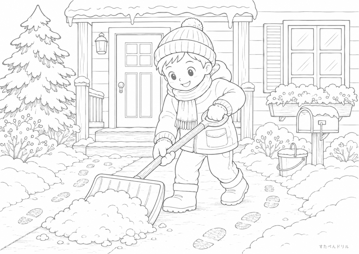 雪かきのぬりえ無料プリント
