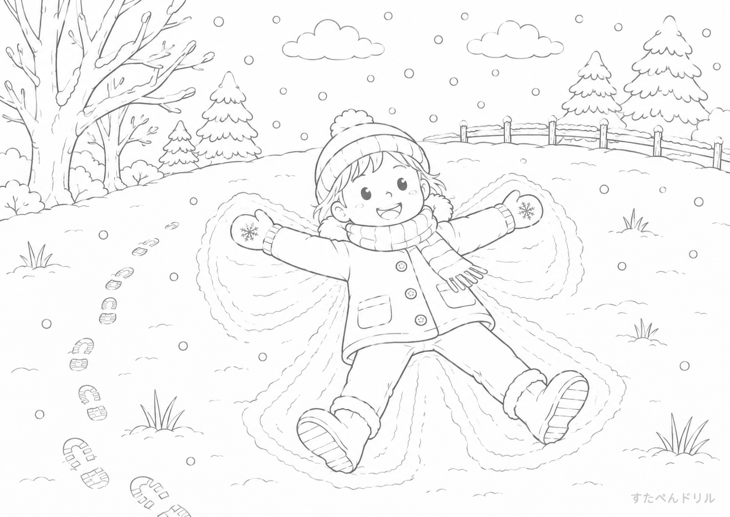 雪遊びのぬりえ無料プリント
