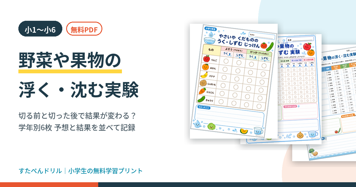 野菜や果物の浮く・沈む実験プリント｜小1〜小6の学年別6枚