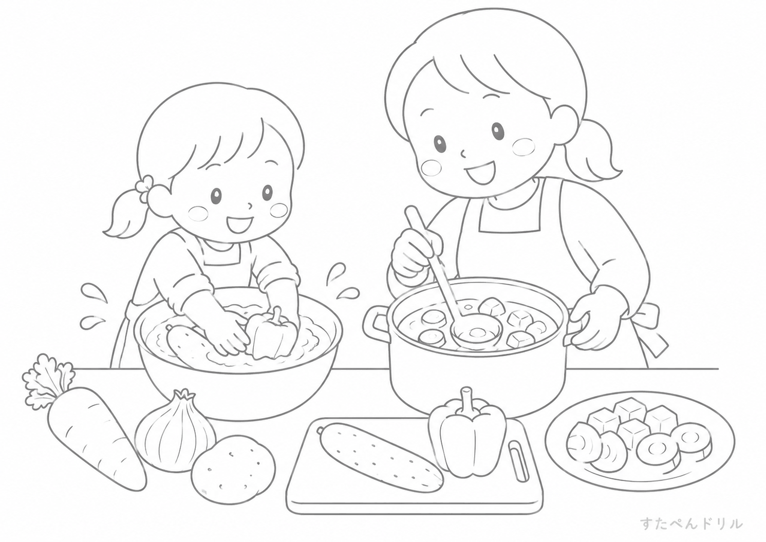 親子で料理するぬりえ 無料プリント