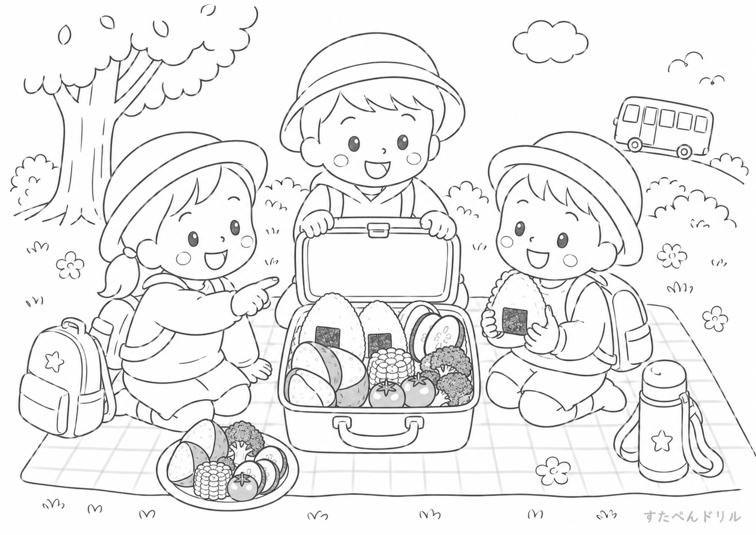 野菜ピクニックのぬりえ 無料プリント