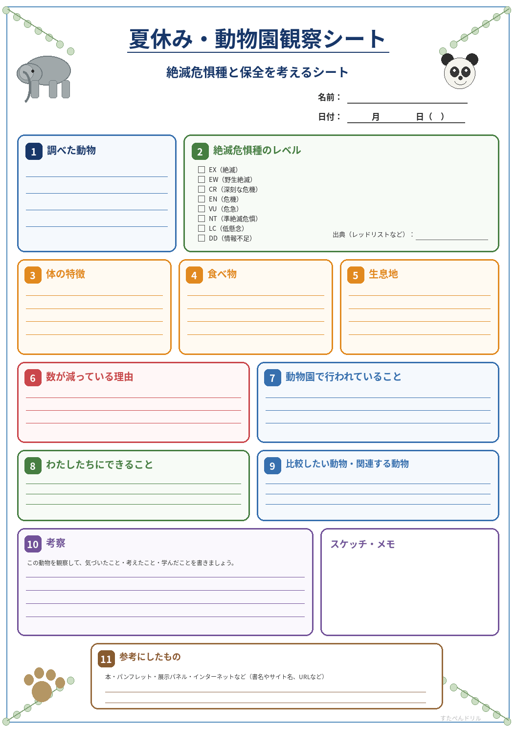 絶滅危惧種と保全シート(A4無料PDFプリント)