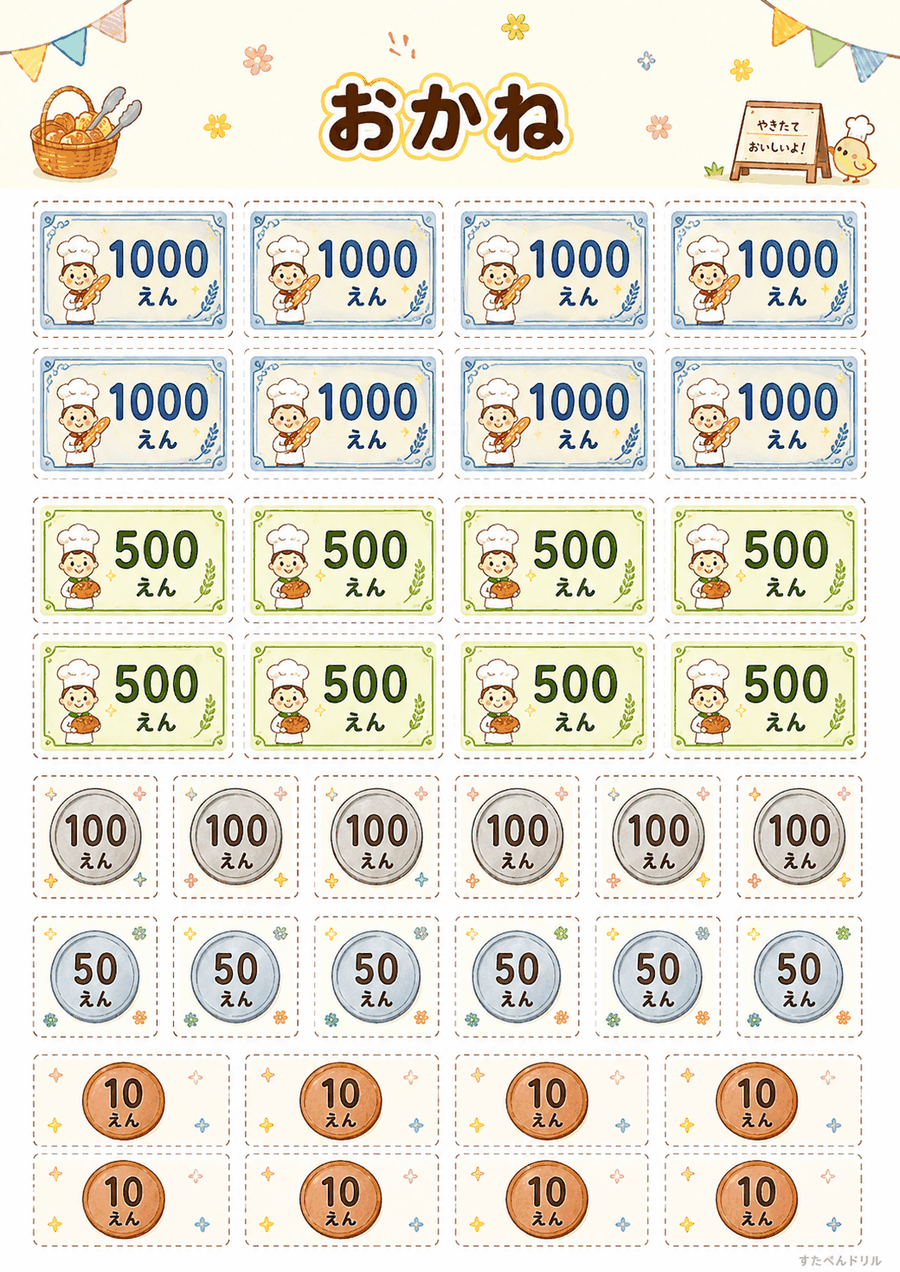 パン屋さんごっこ無料プリント おもちゃのお金(お札・硬貨)