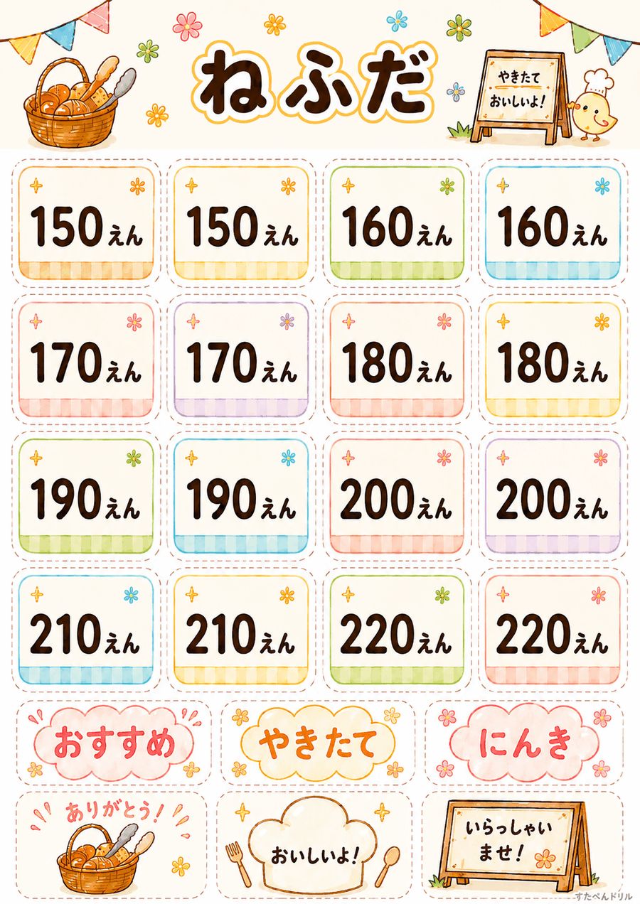 パン屋さんごっこ無料プリント ねふだ16枚と「おすすめ」「やきたて」POP