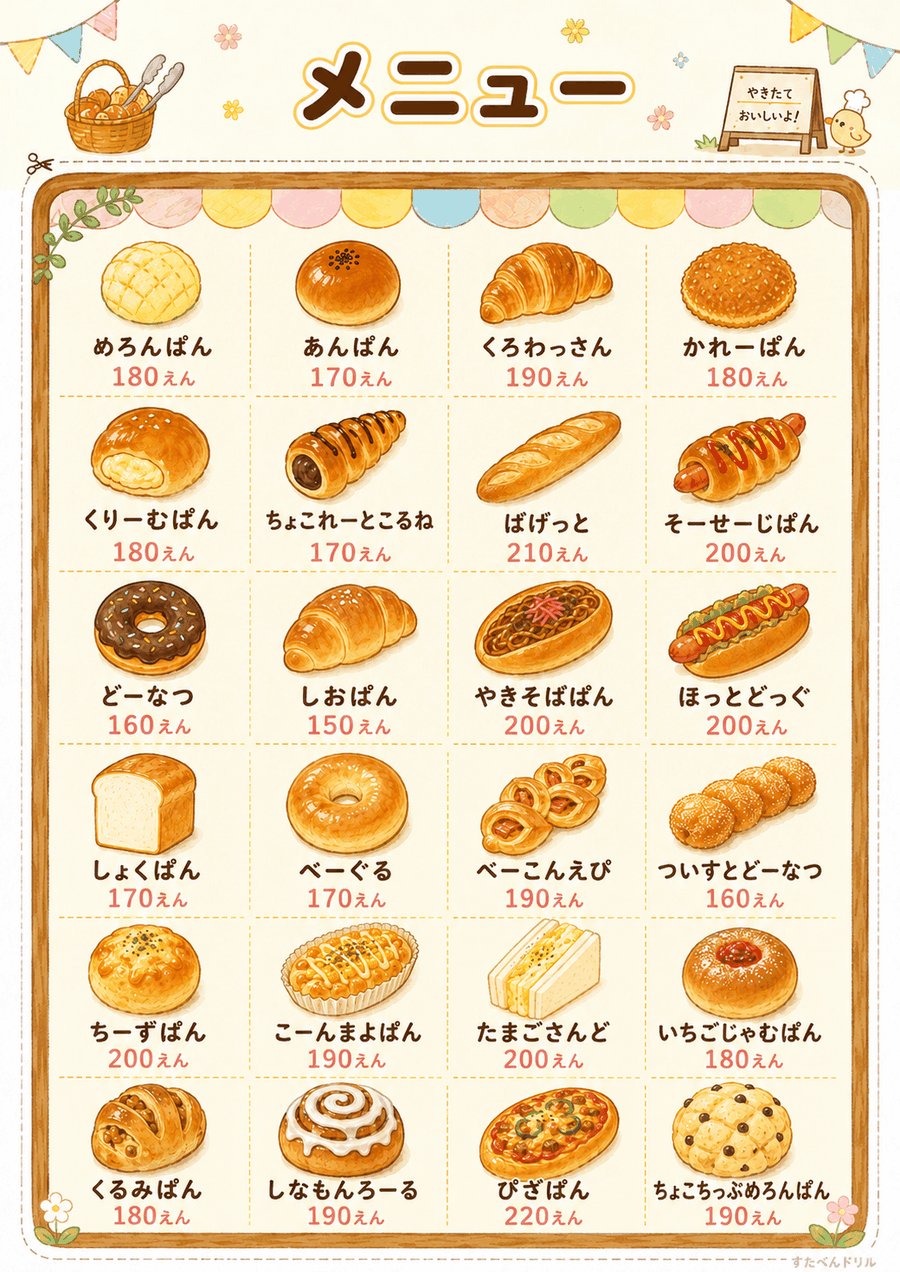 パン屋さんごっこ無料プリント メニュー表(全24種のパンと値段の一覧)