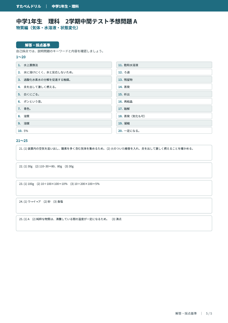 中1理科2学期中間テスト予想問題の解答・採点基準ページ(タイプAの例)