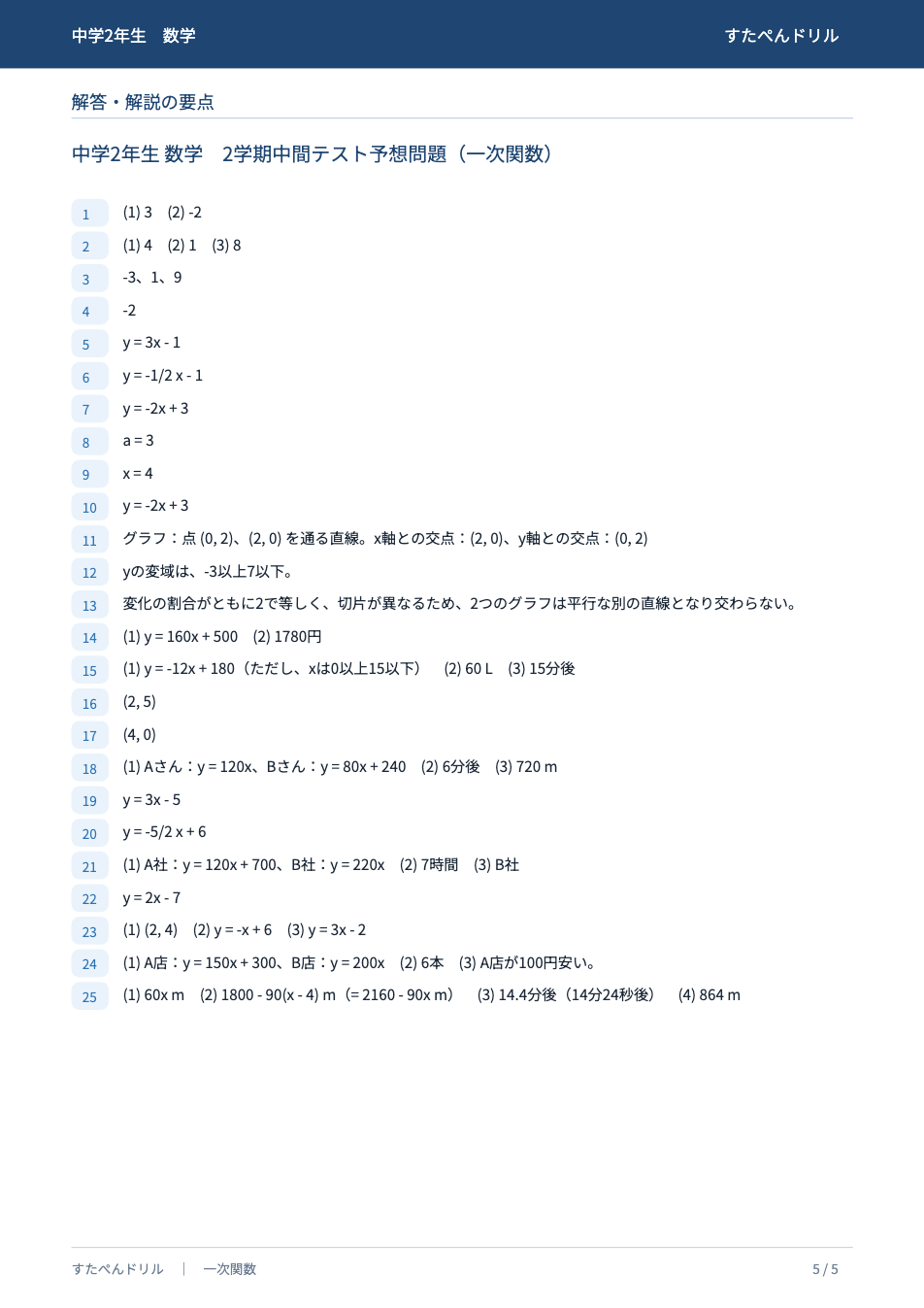 中2数学2学期中間テスト予想問題(一次関数)の解答・解説の要点ページ