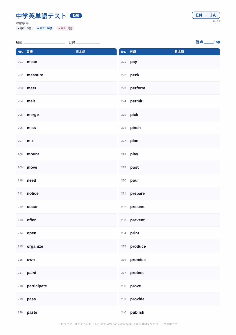 中学英単語テスト 動詞 英語→日本語 #6 のプリント見本