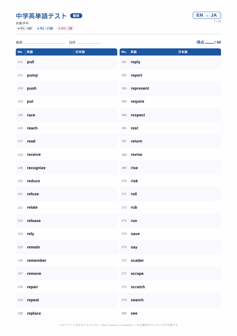 中学英単語テスト 動詞 英語→日本語 #7 のプリント見本