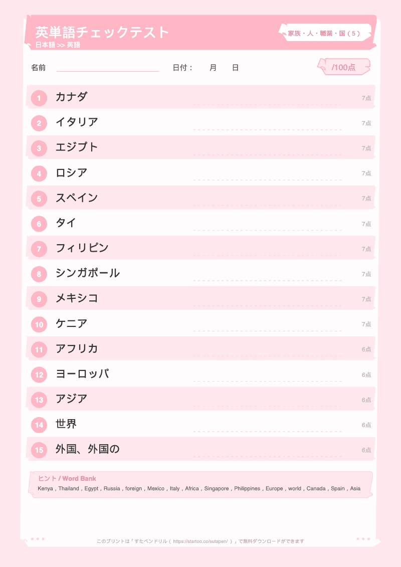 小学生英単語テスト 家族・人・職業・国 日本語→英語 #5 のプリント見本
