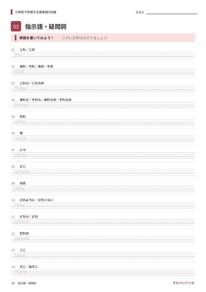 小学校で学習する英単語700語 練習プリント 03 指示語・疑問詞