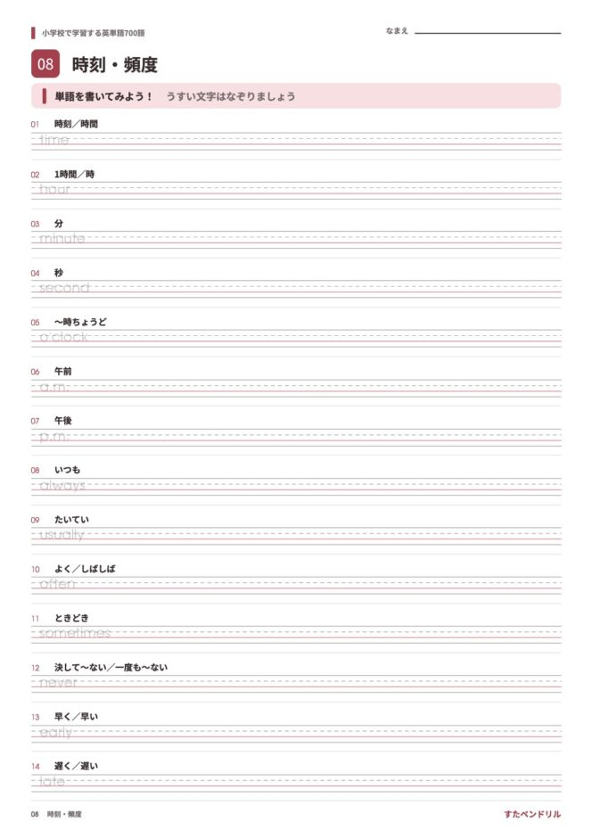 小学校で学習する英単語700語 練習プリント 08 時刻・頻度